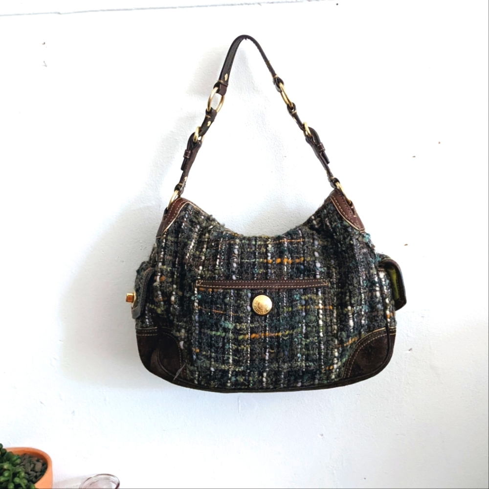 Coach Chelsea Boucle Tweed Green Brown Orange Suede  + Wool Satchel Bag 08F16
